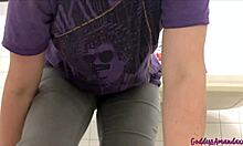 Sweaty stockings soaked from desperate public toilet peeing