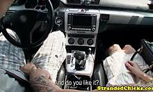 a classy hitchhiker picks up stranger and handjobs his cock outdoors