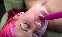 Pink Haired Zahra Vibrates Nipples Piercing Snatch to Intense Orgasm Climax