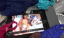 Stepmom's hairy pussy and used panties get my hot cum facial while she watches