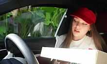 Fucked pizza delivery girl hard in cowgirl then missionary creampie on couch