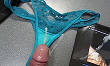 Stepmom's hairy pussy and used panties get my hot cum facial while she watches