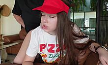 Fucked pizza delivery girl hard in cowgirl then missionary creampie on couch