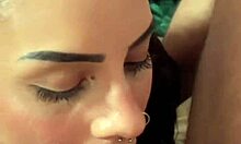 Curly brunette flexes deepthroats big cock cums on natural tits ass