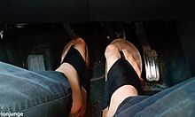 Nylon Feet and Toe Separators Tease in Car