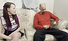 Cheerleader teen sucks stepdad's big daddy cock in mouth and pussy for his car keys!