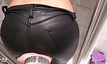 Stepbro blasts cumshot on stepsis wet leggings ass
