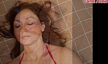 sexy milf candi annie strips red lingerie during hot photoshoot