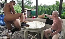 Chubby teen anal pounded rough in garden while old man watches closely