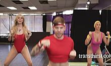 JUMPING JACKS End in JIZZ on Shemale BIG TITS Gym 3Some