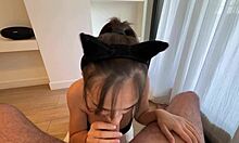 kitty playfully laps owner's throbbing cock for creamy milkshake reward
