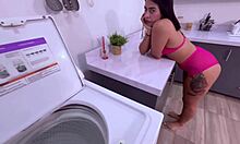 Big ass brunette milf eyes repairman cock while plotting kitchen ride on his tool