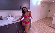 Big ass brunette milf eyes repairman cock while plotting kitchen ride on his tool