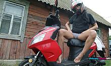 Russian biker blonde fists her wet shaved pussy outdoors in lingerie, babe.