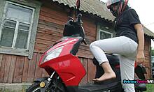 Russian biker blonde fists her wet shaved pussy outdoors in lingerie, babe.