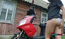 Russian biker blonde fists her wet shaved pussy outdoors in lingerie, babe.