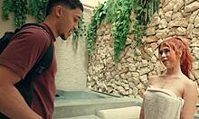 british redhead pulls out milan's cock and sucks it hungrily in outdoor roleplay