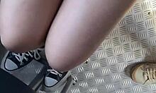Ela lifts her skirt sans panties on street and bus... watch her tease in public with pigtails and socks.