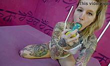 tattoo whore gags on deep throat before hard dp stretches her asshole to the limit