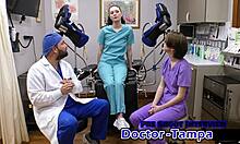 Luci Starrs spreads shaved pussy for dr tampa's first fingering gyno exam close-up