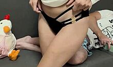 Italian amateur drenches black panties on sofa