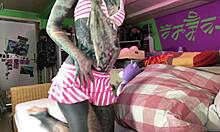 Goth teen teases lingerie ass before huge dildo anal solo