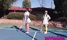 brunette tennis babes swallow jizz after pov monster cock foursome pounding