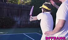 brunette tennis babes swallow jizz after pov monster cock foursome pounding