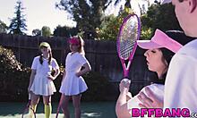brunette tennis babes swallow jizz after pov monster cock foursome pounding