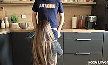 amateur couple fucks in kitchen blowjob doggy on counter cum belly