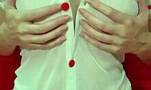 Pretty blonde in see-through dress bounces huge fake tits close-up amateur