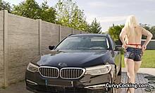 big cock reward blasts soapy bikini blonde during car wash titty fuck!