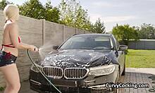 big cock reward blasts soapy bikini blonde during car wash titty fuck!