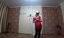 pregnant milf strips panties then lesbian strapon fucks juicy ass pov