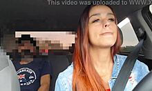 kinky redhead driver fucks flashing passenger's cock creampie in car