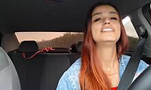 kinky redhead driver fucks flashing passenger's cock creampie in car