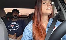 kinky redhead driver fucks flashing passenger's cock creampie in car