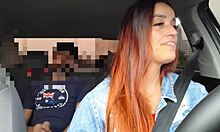 kinky redhead driver fucks flashing passenger's cock creampie in car