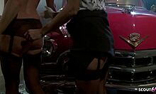 lesbian milf with huge natural tits fucks slim teen with dildo in backstage cosplay parody