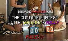 Two horny beauties dice challenge double handjob big cock explosion!