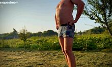 Warm outdoor naked pee from mature european amateur solo