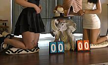 Two horny beauties dice challenge double handjob big cock explosion!