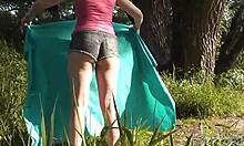 Hot young brunette babe masturbates publicly on beach in nature outdoors close-up