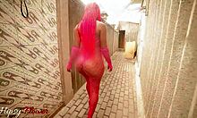 wanna watch this curvy black bitch get fucked hard in her pink outfit outdoors?