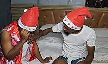 Ebony teen Chidera rides stepdad BBC for first pussy stretch Christmas