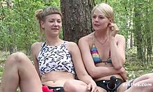Lesbian BABES strap ON outdoors licking shaved pussies