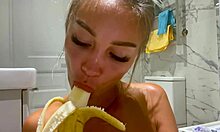 Monika Foxxx Fingers Shaved Pussy Then Fucks Herself Hard with Banana in Bathroom!