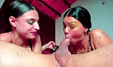 Two Colombian Latinas spit-slobber double deepthroat monster cocks submissively