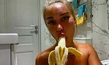 Monika Foxxx Fingers Shaved Pussy Then Fucks Herself Hard with Banana in Bathroom!
