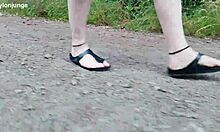 barefoot chubby walks in birkenstocks through nature's trails